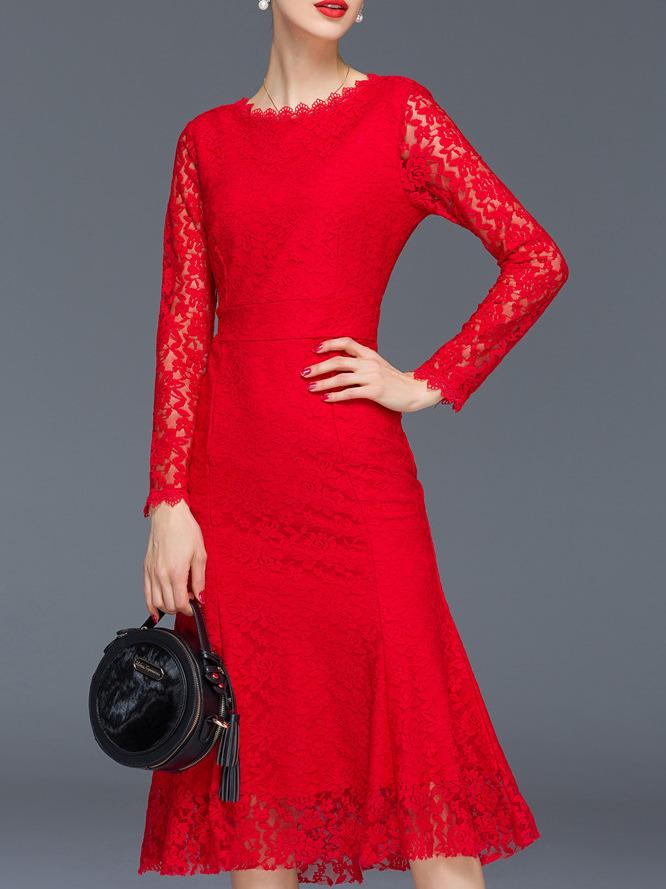 Romwe Red Backless Frill Lace Midi Dress