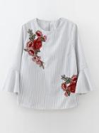 Romwe White Embroidery Vertical Striped Bell Cuff Blouse