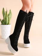 Romwe Black Suede Lace Up Zip Side Platform Knee Boots
