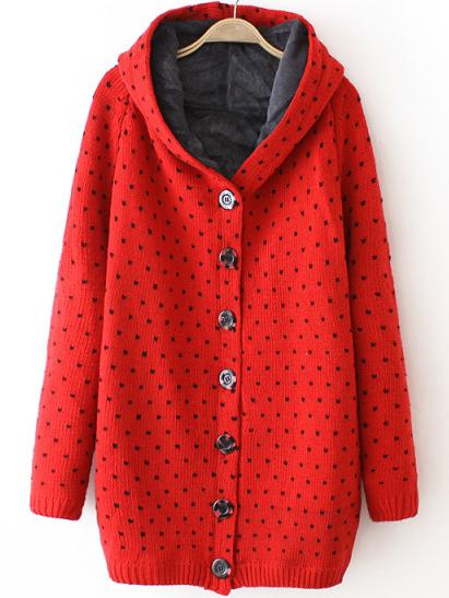 Romwe Hooded Heart Pattern Red Coat