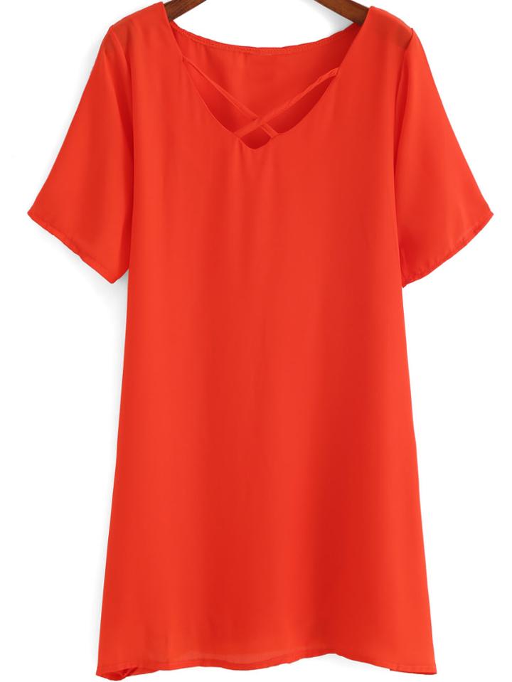 Romwe Orange Cross Front Short Sleeve Chiffon Dress