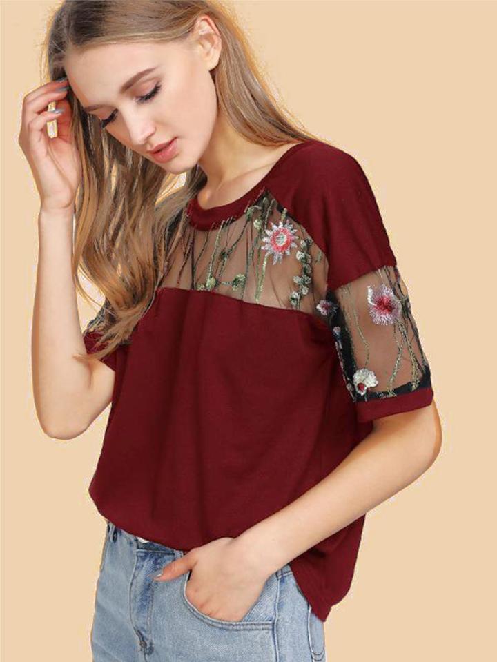 Romwe Embroidered Mesh Insert Tee