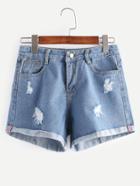 Romwe Blue Pockets Frayed Cuffed Denim Shorts