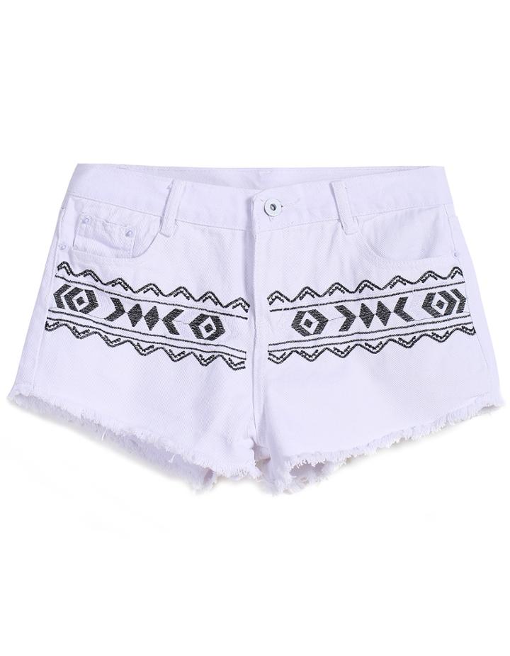 Romwe Geometric Embroidered Fringe Denim Shorts