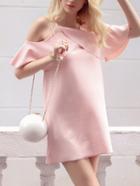 Romwe Pink Cold Shoulder Ruffle Sleeve Dress