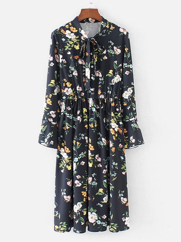 Romwe Tie Neck Floral Dress