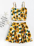 Romwe Sunflower Print Random Crop Cami Top With Skirt