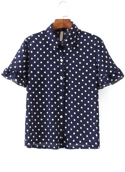 Romwe Lapel Butterfly Sleeve Polka Dot Blue Blouse