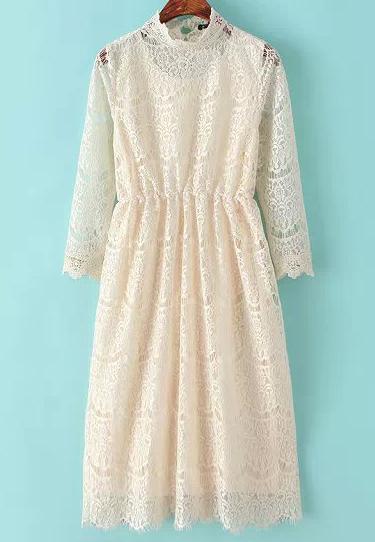 Romwe Apricot Stand Collar Hollow Lace Dress