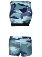 Romwe Blue Camo Print Crop Tank Top With Shorts