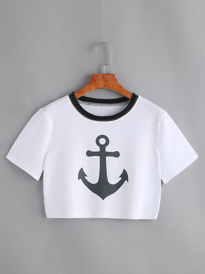 Romwe White Anchor Print Contrast Trim Crop T-shirt