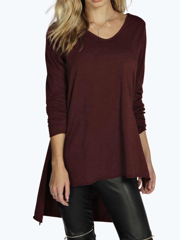 Romwe Burgundy Side Slit Dip Hem T-shirt
