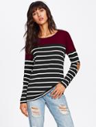 Romwe Contrast Panel Elbow Patch Striped Tee