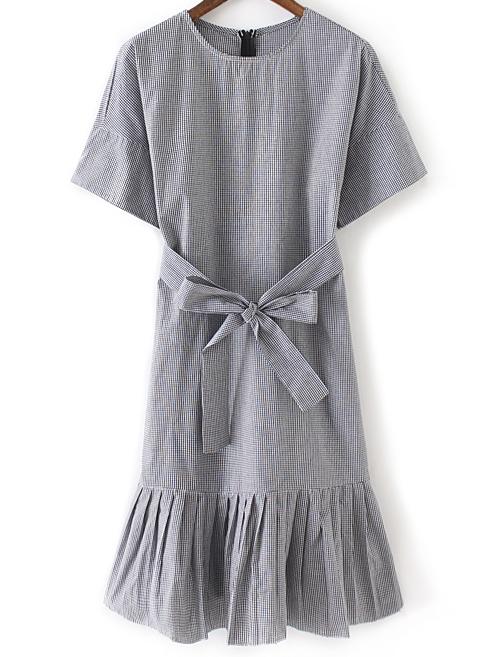 Romwe Black White Tie-waist Bow Pleated Hem Plaids Dress