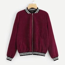 Romwe Zip Up Striped Trim Bomber Jacket