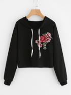 Romwe Rose Embroidered Applique Drawstring Hoodie