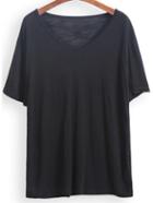 Romwe Black V Neck Short Sleeve Loose T-shirt