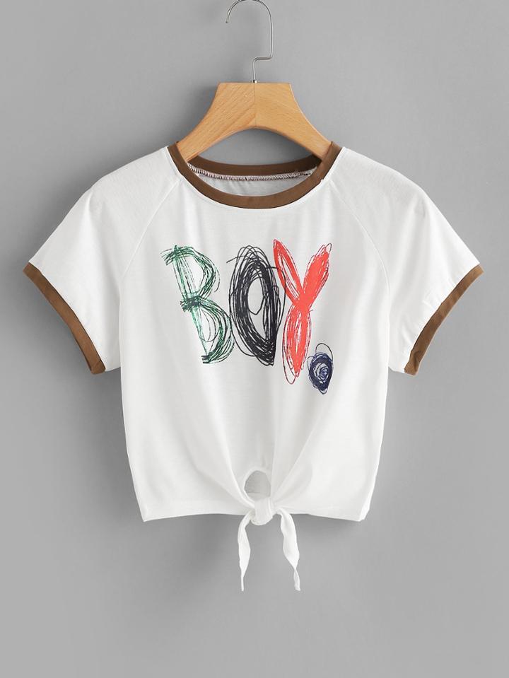 Romwe Letter Print Knot Hem Tee