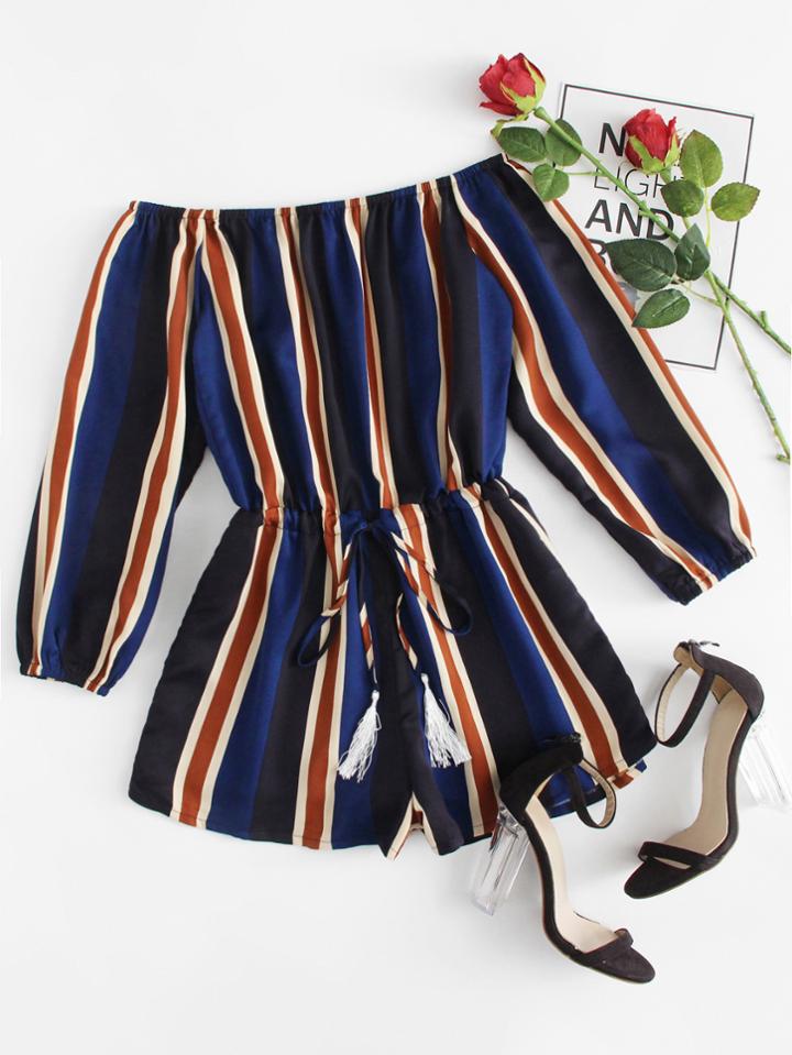 Romwe Off Shoulder Striped Romper