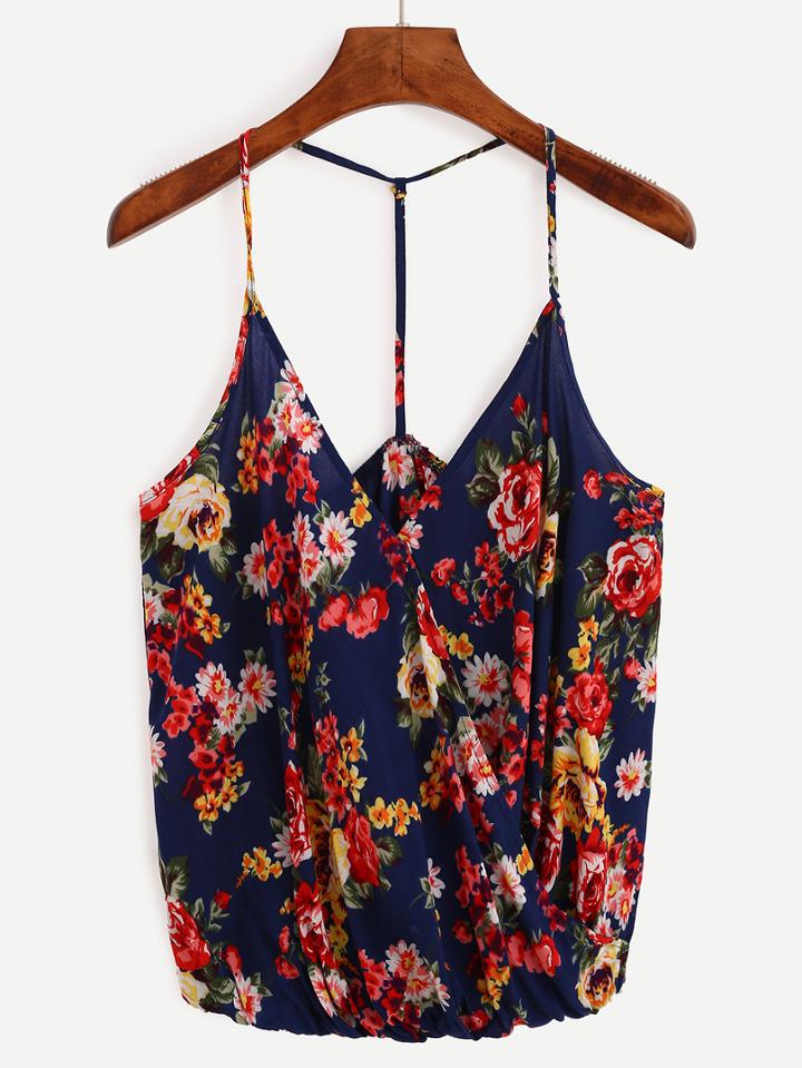 Romwe Surplice Front Flower Print Cami Top - Blue