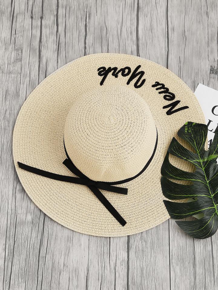 Romwe Bow Tie & Letter Pattern Straw Floppy Hat