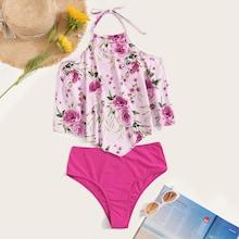 Romwe Random Floral Halter Top With High Waist Tankini