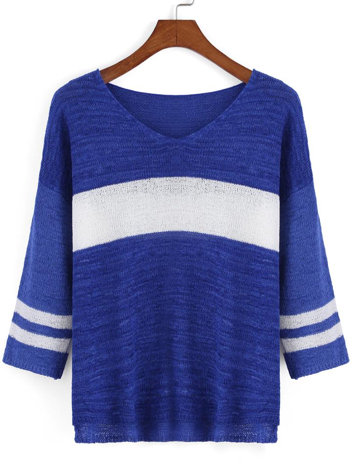 Romwe V Neck Varsity-striped High Low Sweater
