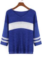 Romwe V Neck Varsity-striped High Low Sweater