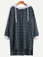 Romwe Contrast Trim Plaid High Low Pocket Hooded Shirt Dress
