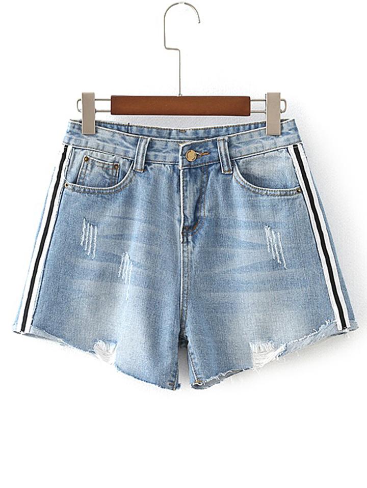 Romwe Striped Side Raw Hem Denim Shorts