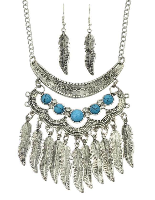 Romwe Fashionable Antique Silver Trible Style Hanging Leaf Necklace Earrings Indian Jewelry Set