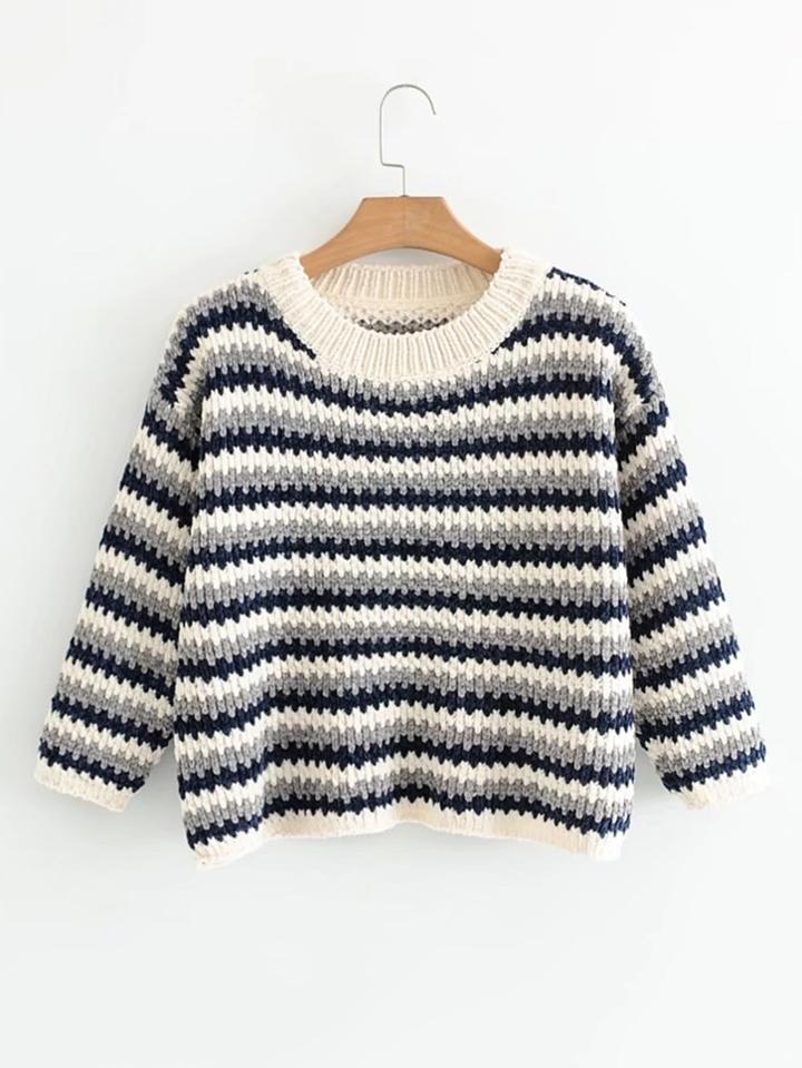 Romwe Striped Drop Shoulder Chenille Sweater