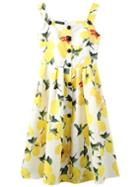Romwe Strap Lemon Print Pleated Dress With Buttons