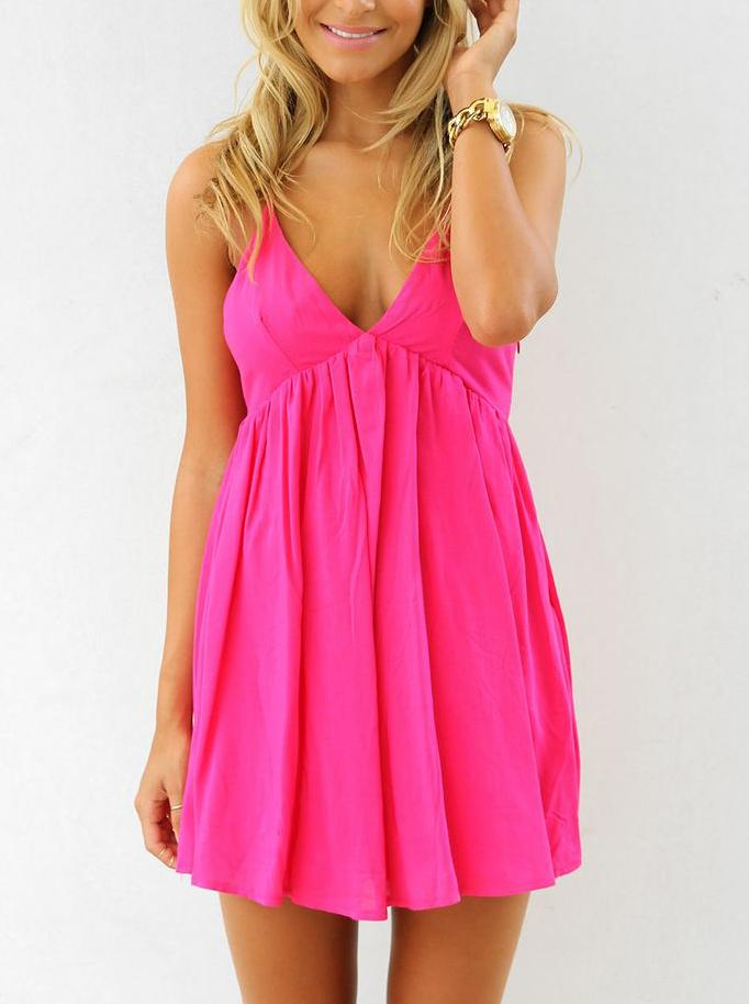 Romwe Deep V Neck Backless Pleated Dress