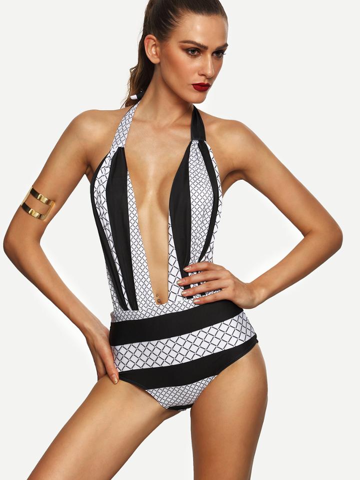 Romwe Contrast Striped Print Plunge Neck Backless Swimsuit