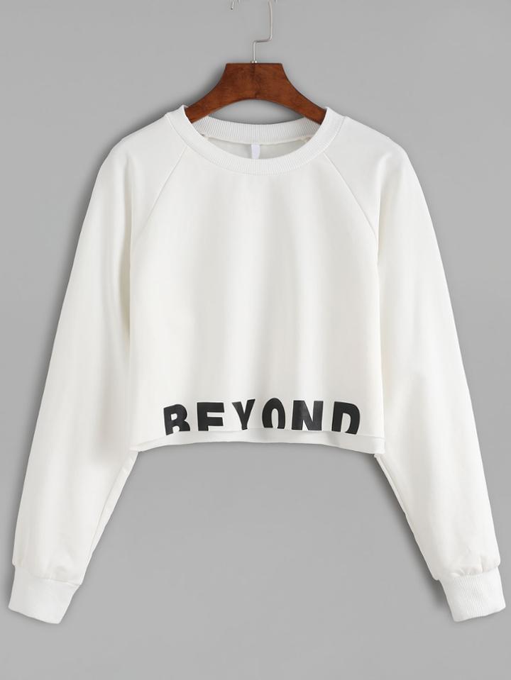 Romwe White Raglan Sleeve Letters Print Crop Sweatshirt