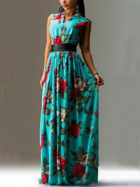 Romwe V Neck Sleeveless Floral Maxi Dress