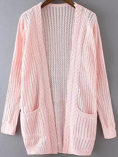 Romwe Open-knit Pockets Pink Cardigan