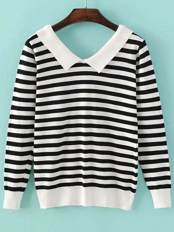 Romwe Black Chelsea Collar Striped Knitwear