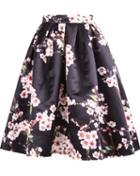 Romwe Floral Pleated Black Skirt