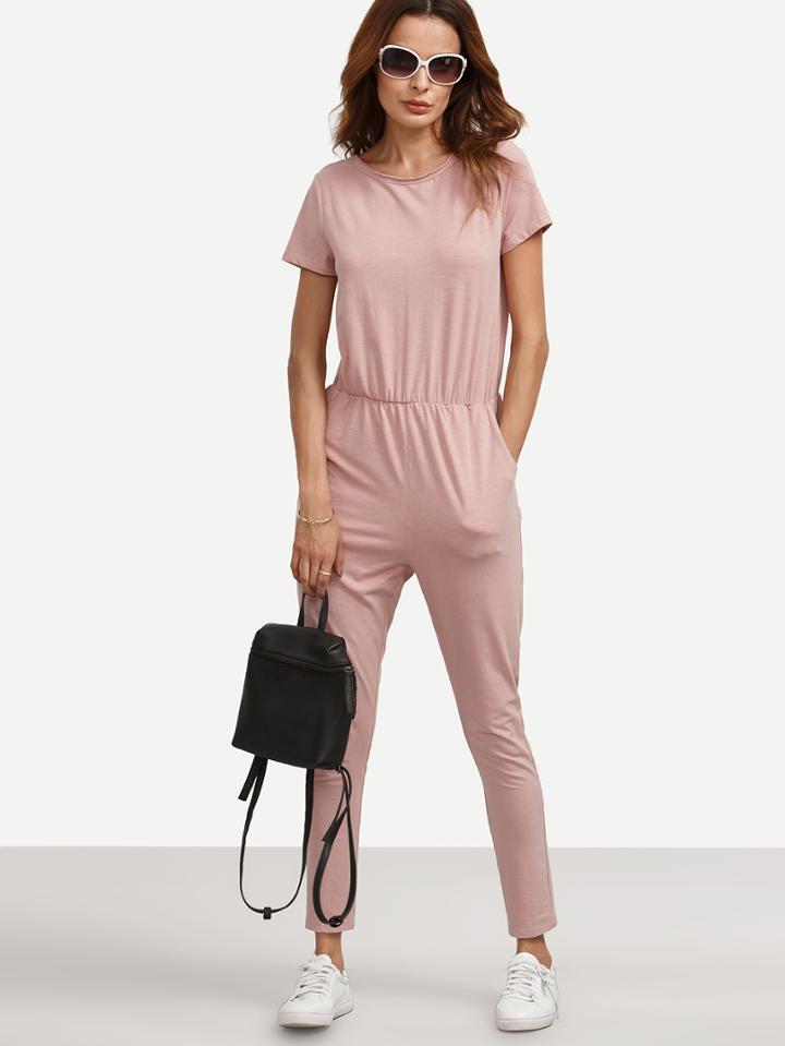 Romwe Pink Pocket Short Sleeve Tie Backless Jumpsuit