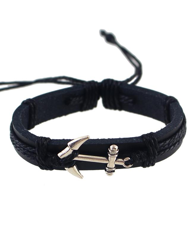 Romwe Silver Black Adjustable Anchor Wrap Leather Bracelet