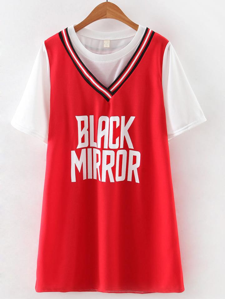 Romwe Red Round Neck Letter Printed Dress
