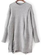 Romwe Grey Round Neck Ripped Detail Sweater Dress