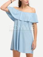 Romwe Light Blue Denim Off The Shoulder Ruffle Shift Dress