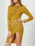 Romwe Yellow Long Sleeve Split Hollow Dress