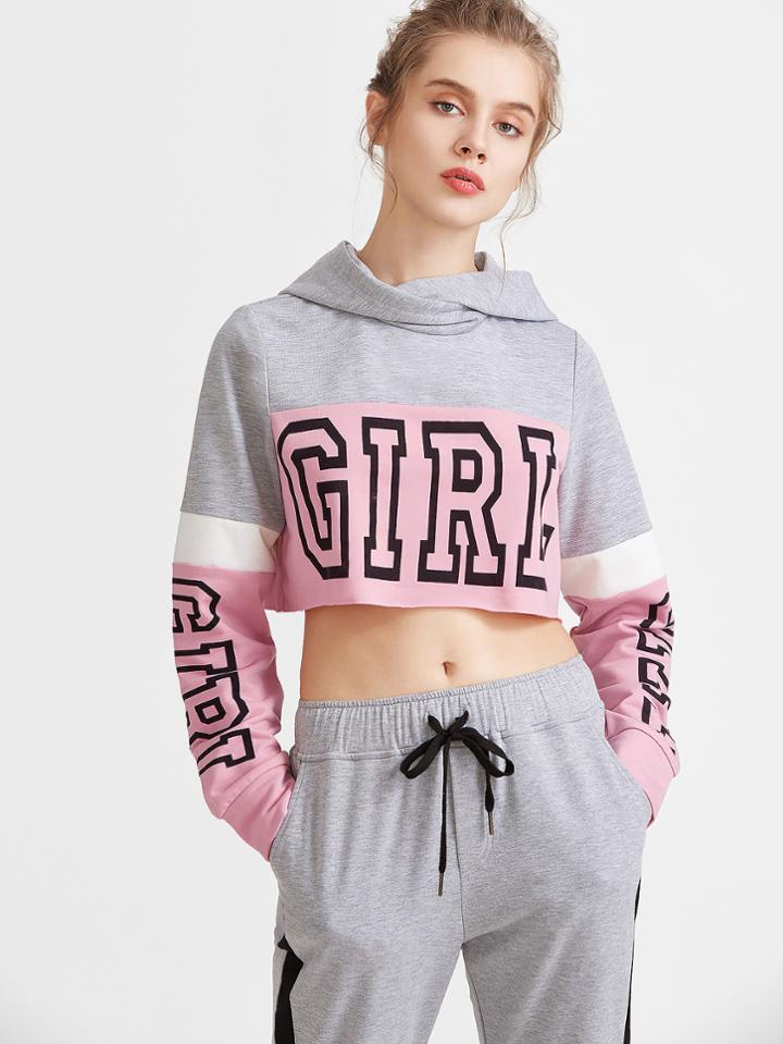 Romwe Color Block Letter Print Crop Hoodie