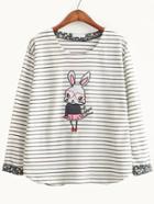 Romwe Striped Rabbit Print Grey T-shirt