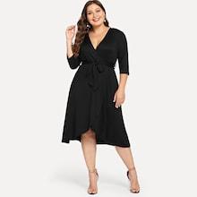 Romwe Plus Waist Belted Wrap V-neck Solid Dress
