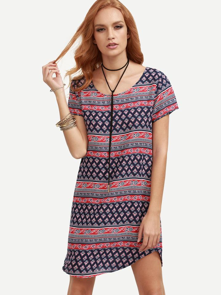 Romwe Navy Tribal Print Shift Dress